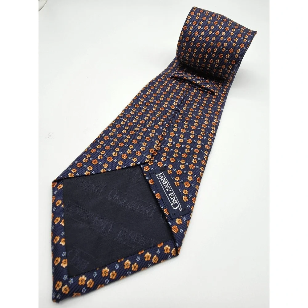 Lands' End Hand Sewn Vintage 100% Silk Neck Tie Blue Orange Floral 58